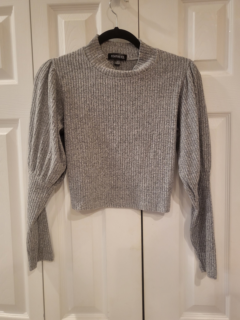Feathers Gray Ribbed Puff-Sleeve Sweater Top